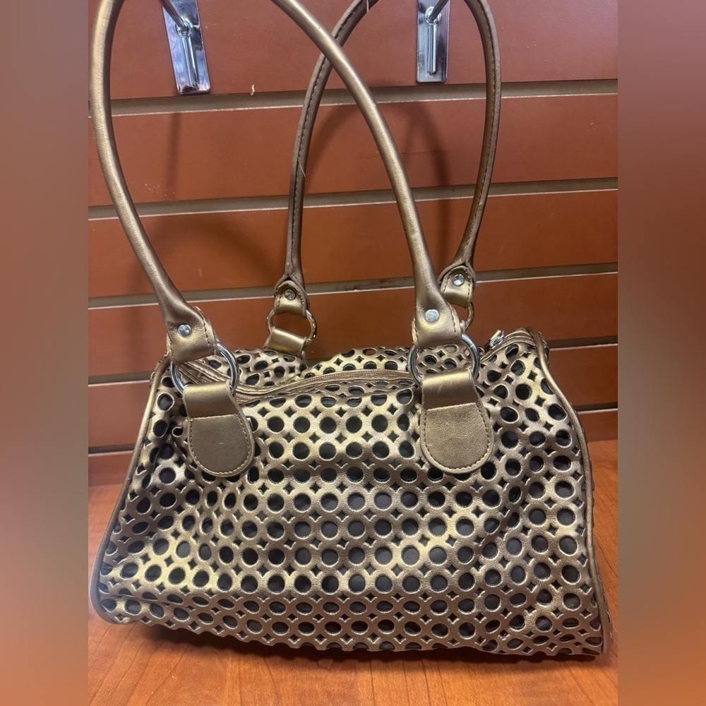 Elegant Metallic Satchel with Perforated Design - Picture 4 of 9